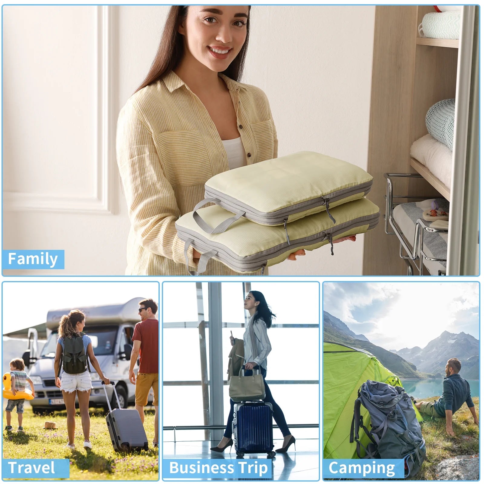 6 Set Compression Packing Cubes for Suitcase Expandable Pack Cube for Luggage Organizers with Laundry Bag and Shoe Bags Beige