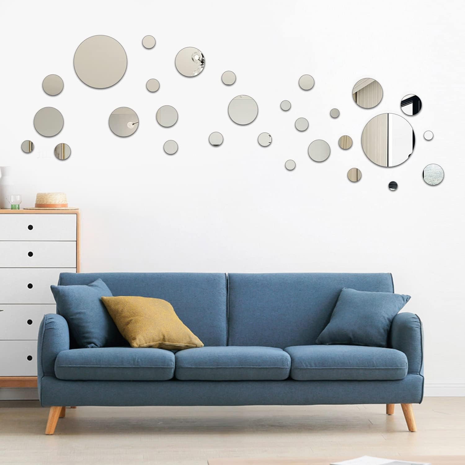 34PCS round Silver Acrylic Mirror Wall Stickers,Removable DIY Self-Adhesive Mirror Decals for Home Decorations
