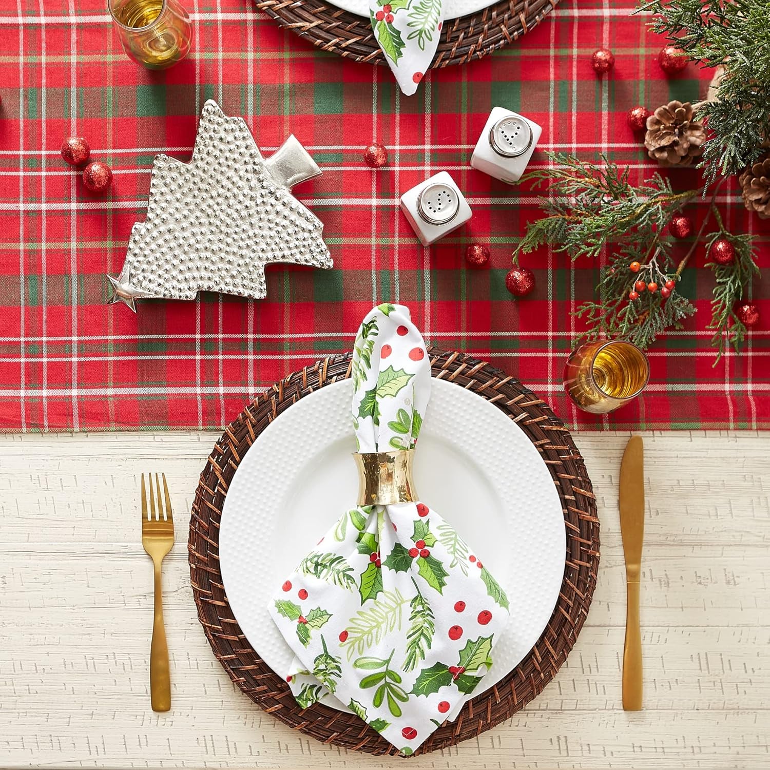 Holiday Dining Table Linen Collection Tartan Holly Plaid, Christmas Table Runner, 14X108, Red & Green