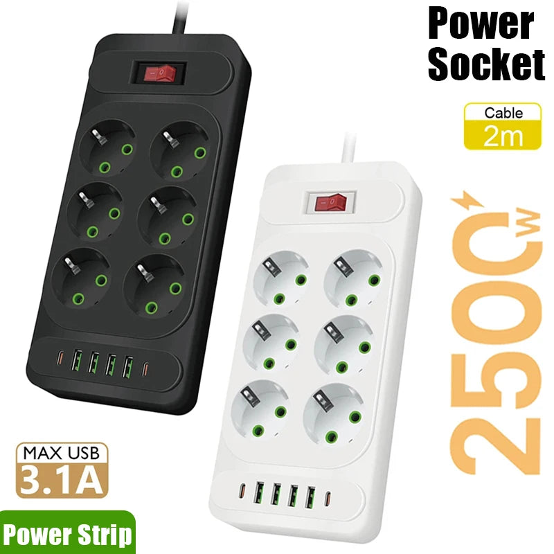 EU Plug AC Outlet Multitap Power Strip 2M Extension Cord Electrical Socket with USB Type C Ports Home Office Network Filter