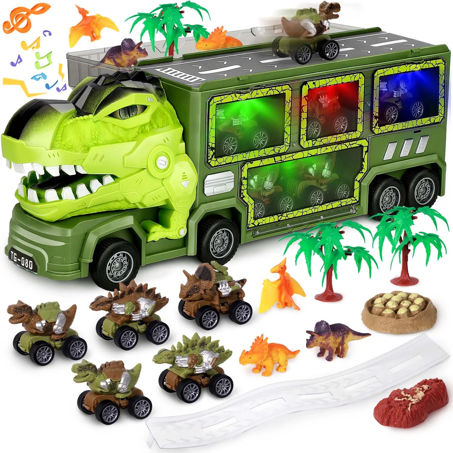 Dinosaur Truck Toys for Boys 3-6 Years, Dinosaur Truck Carrier -Tyrannosaurus Transport Car Carrier Truck with Lights, Music and Sounds, Dinosaur Play Sets for Boys Girls