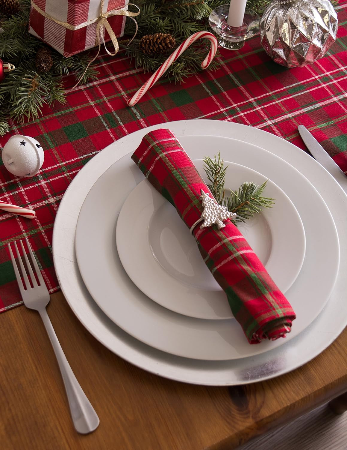 Holiday Dining Table Linen Collection Tartan Holly Plaid, Christmas Table Runner, 14X108, Red & Green