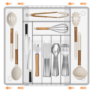 Silverware Drawer Organizer, Expandable Clear Acrylic Silverware Organizer, Kitchen Drawer Organizer for Utensils, Adjustable Cutlery Tray, Office, Supplies-9 Compartments, Large, Clear