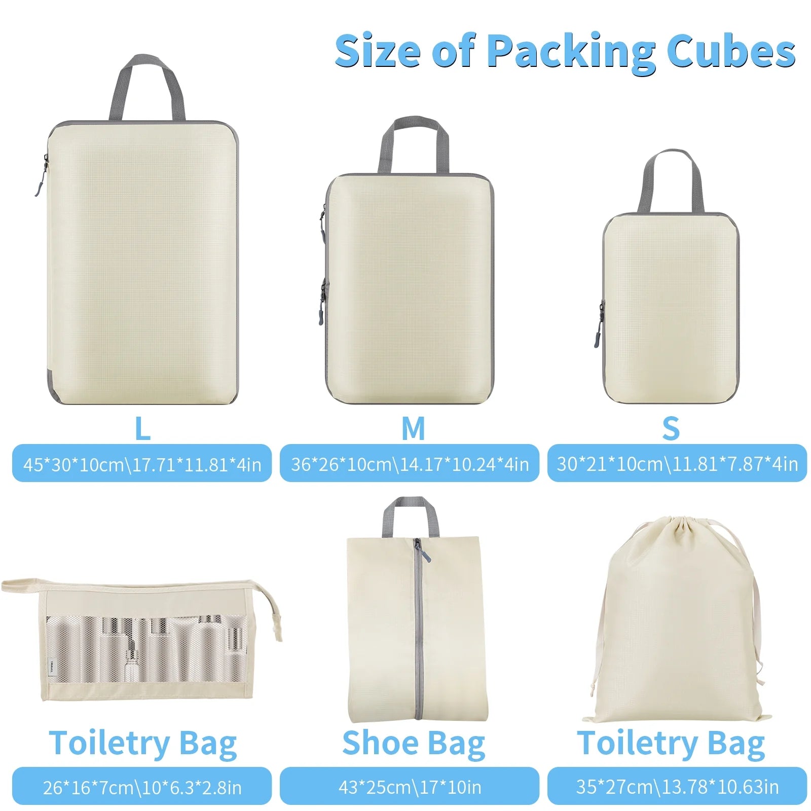 6 Set Compression Packing Cubes for Suitcase Expandable Pack Cube for Luggage Organizers with Laundry Bag and Shoe Bags Beige
