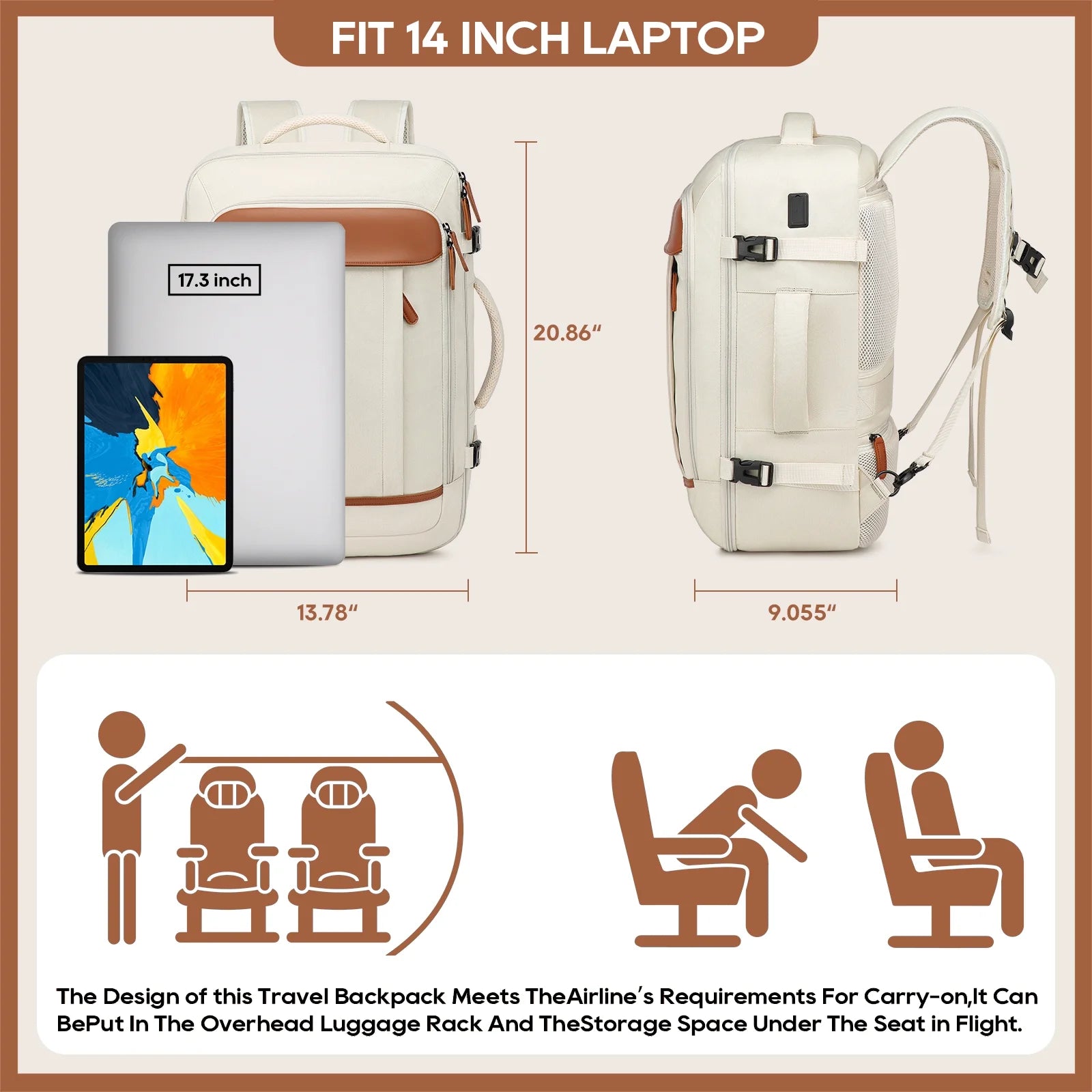 2PCS Travel Backpack Luggage Waterproof Airline Aprroved Carry-On with Toiletry Bag USB Port Comfortable