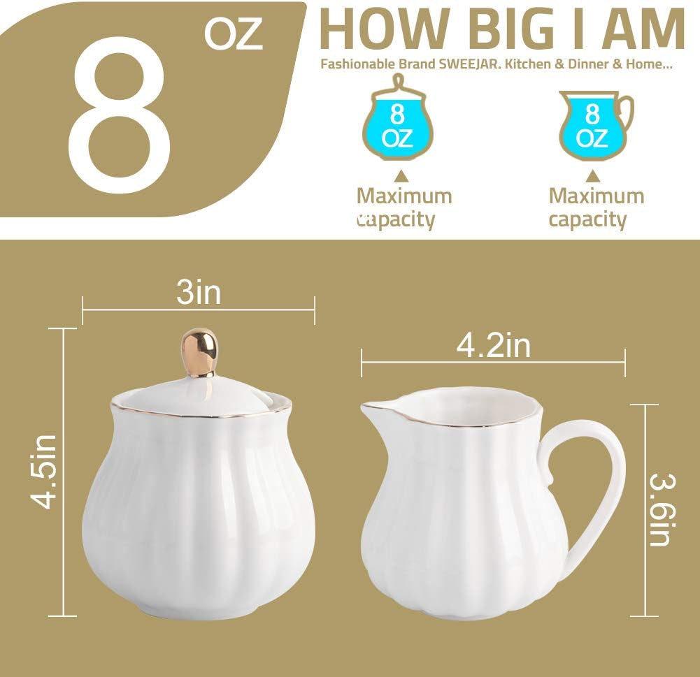 Royal Ceramic Sugar and Creamer Set, 3 Piece Set with Cream Pitcher, Sugar Bowl, Sugar Set with Lid & Spoon, Coffee Serving Set Wedding Gift(White)