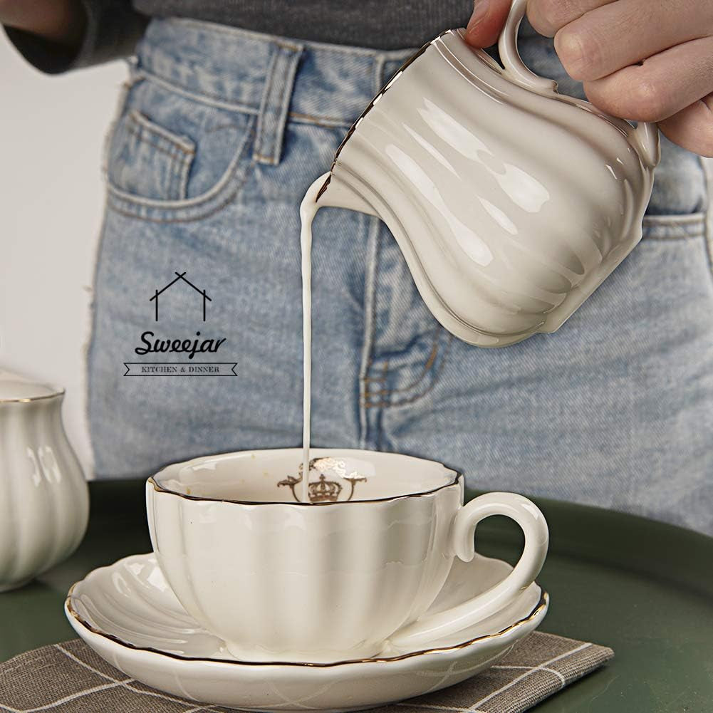 Royal Ceramic Sugar and Creamer Set, 3 Piece Set with Cream Pitcher, Sugar Bowl, Sugar Set with Lid & Spoon, Coffee Serving Set Wedding Gift(White)
